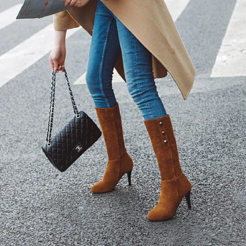 Botas mujer women boots autumn winter sexy high heels platform ladies shoes vintage rivet slip on female western boots big size