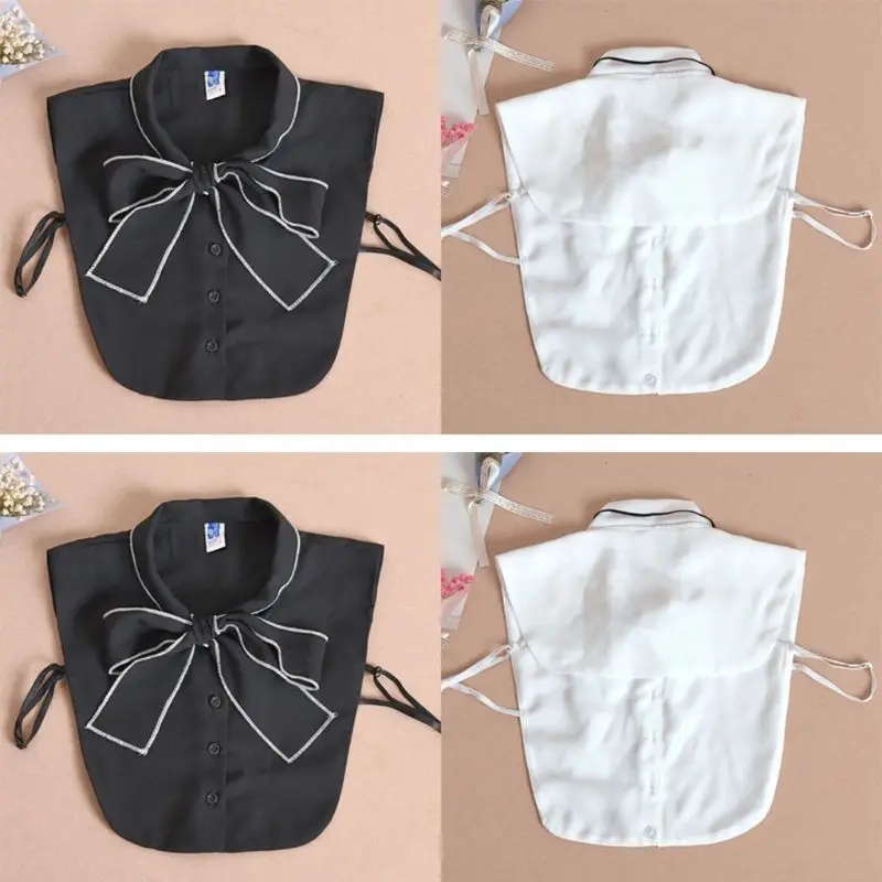 

Women Chiffon Black White Lapel Half-Shirt Blouse Office Lady Adjusable Ribbon Bowknot Tie Detachable False Fake Collar Necklace