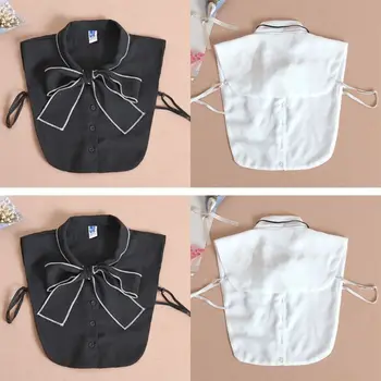 

Women Chiffon Black White Lapel Half-Shirt Blouse Office Lady Adjusable Ribbon Bowknot Tie Detachable False Fake Collar Necklace