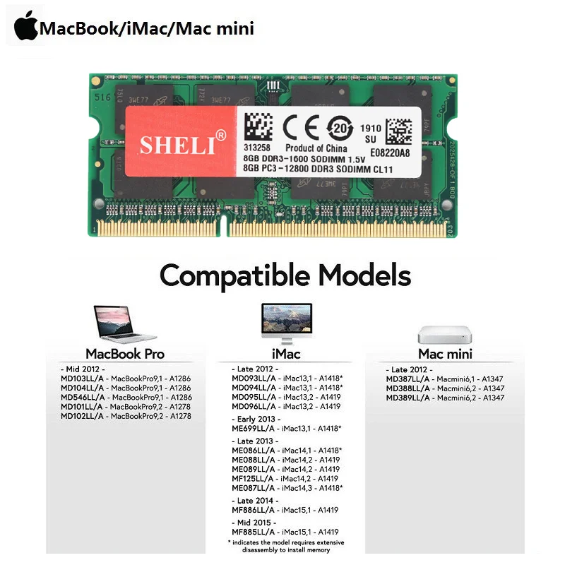 Шели 8 Гб PC3L-12800 DDR3L-1600MHz памяти для MacBook Pro Mid-2012 1" A1278