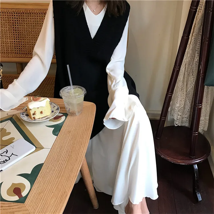 Harajuku женский костюм из двух предметов Осень корейский v-образный вырез вязаный широкий жилет и белый длинный рукав платье ансамбль женский