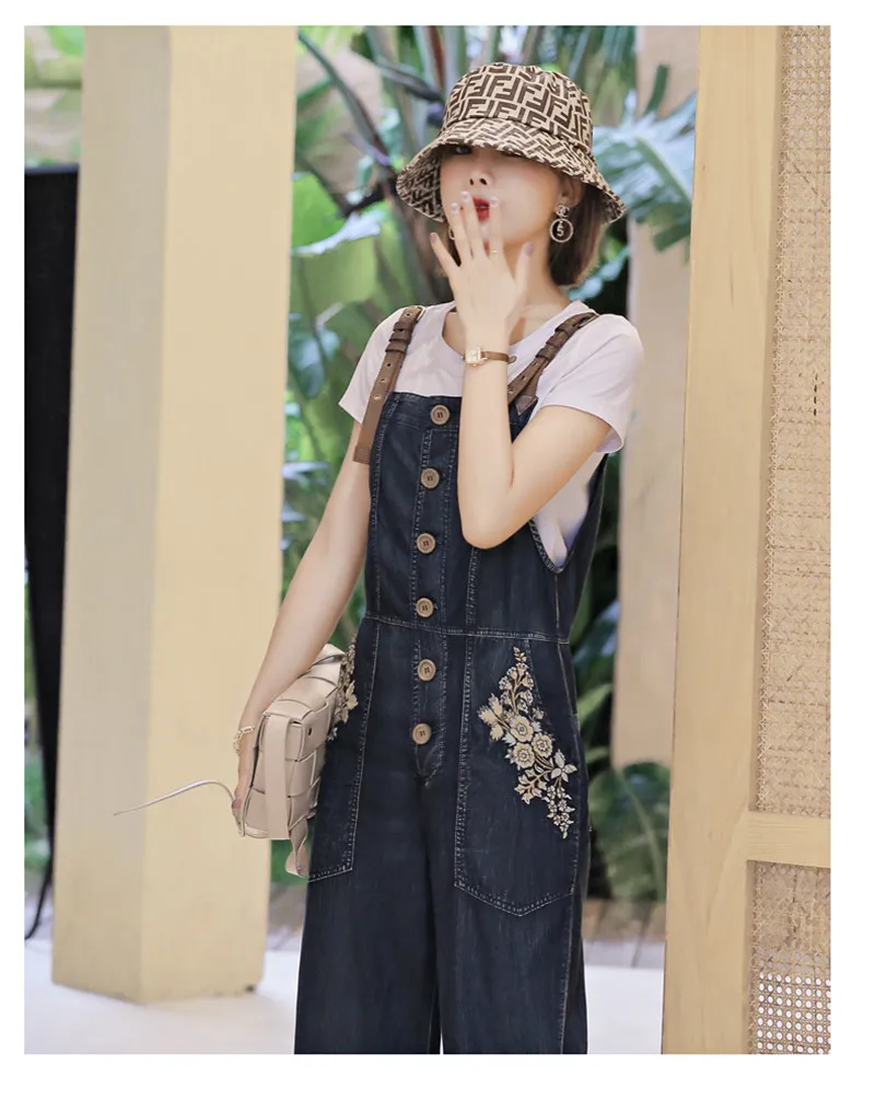 Summer Women Denim Jumpsuit 2020 Vintage Single Breasted Bodysuit Adjustable Shoulder Flower Embroidery Pockets Jumpsuits (2)