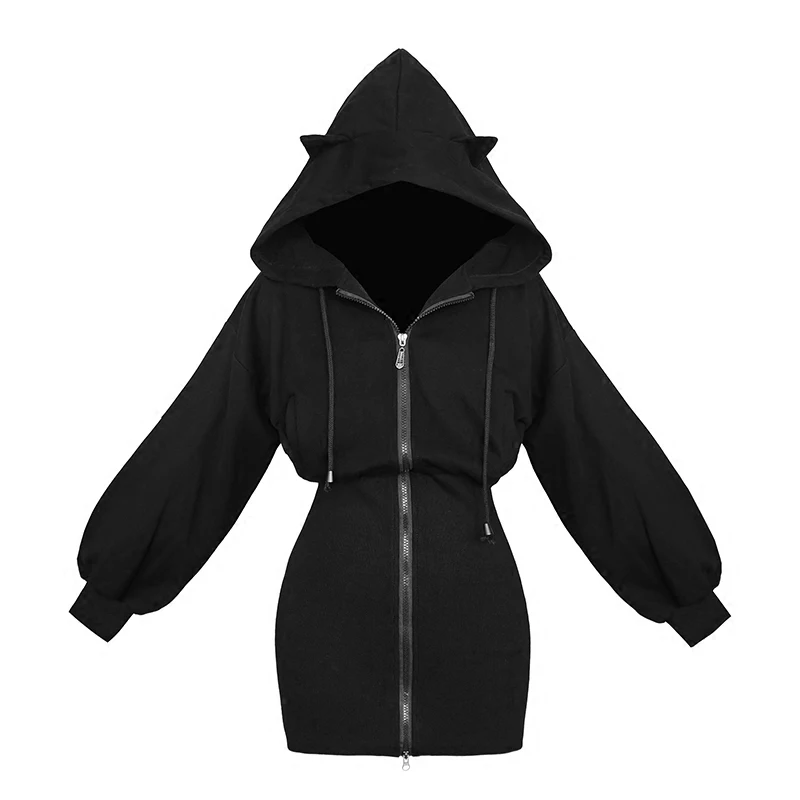 Black Hoodies Женские черные готические толстовки в стиле панк с капюшоном, женские осенние милые кошачьи уши на молнии, худи Harajuku, Длинная толстовка - Цвет: Black Hoodies