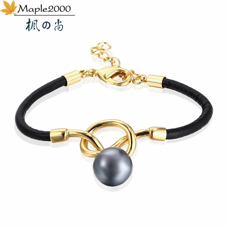 Кожаный браслет мужской жемчужный креативный простой и стильный из нержавеющей