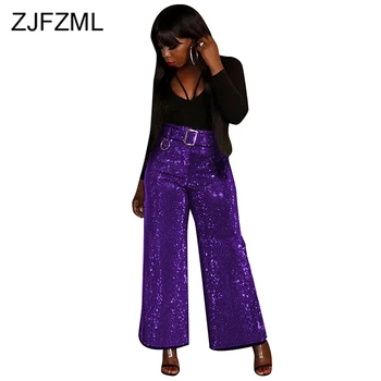 

Bling Bling Lurex Fashion Loose Pants Women High Waisted Sashes Night Club Party Trousers Casual Glitter Plus Size Wid Leg Pants