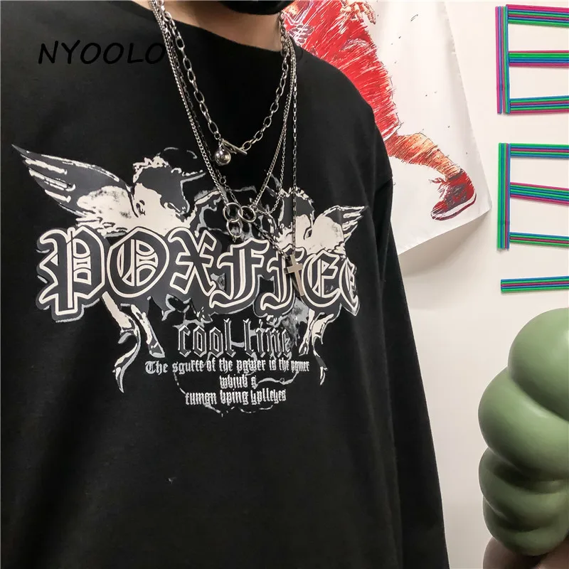 NYOOLO Harajuku стиль с буквенным принтом рубашка большого размера Осенняя уличная свободная футболка с длинными рукавами и круглым вырезом Женская Мужская одежда Топ