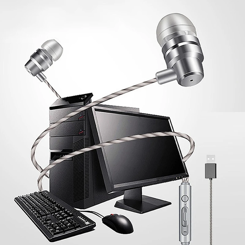 2 Set HiFi Game Headset Metal Wire Control Stereo Subwoofer Noise Reduction Headphone Speakers with MIC USB Earphone