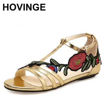 

HOVINGE Embroider decorate gold narrow gladiator band sandals feminino t-strap ankle flat buckle beach sandals flower slipper