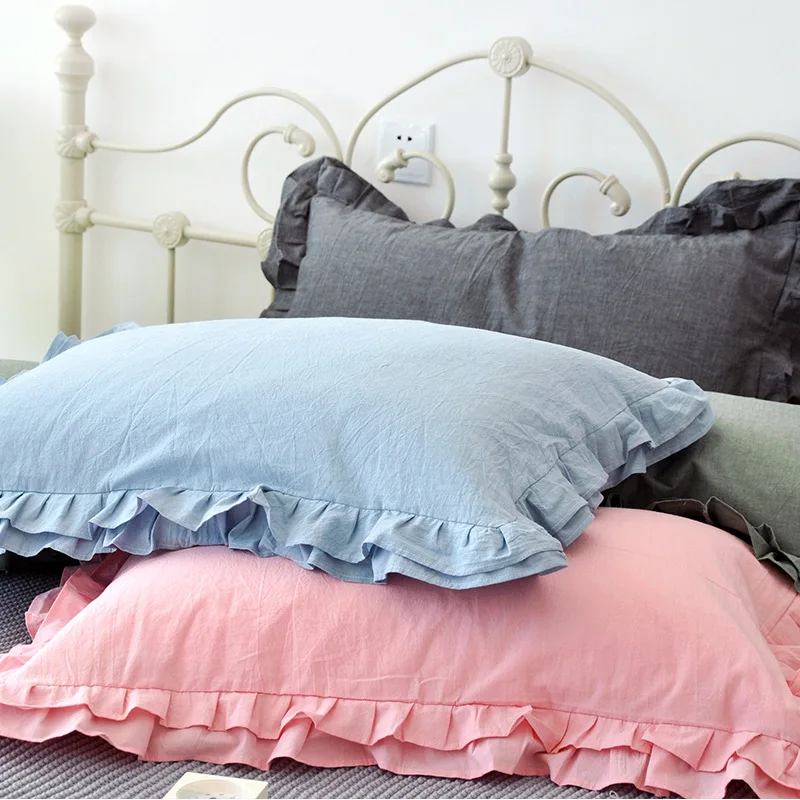 2pcs 100 Cotton Ruffle Pillowcase Solid Colour Ruffle Pillow Cover