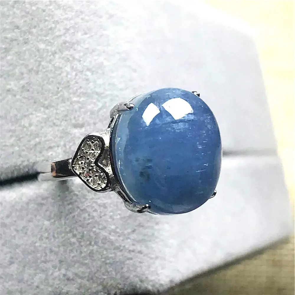 

100% Natural Ocean Blue Aquamarine Beads Ring For Woman Man Clear Crystal 13x10mm Stone Silver Adjustable Ring Jewelry AAAAA
