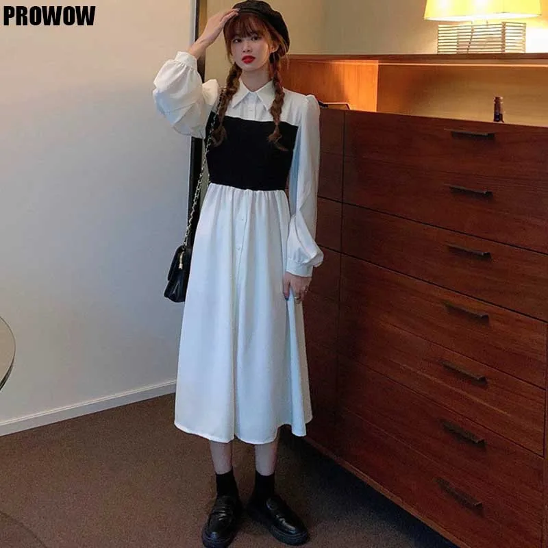 

Korean Lady Fake Two Dresses Elegant Long Sleeve Ladies One-Piece Dress 2020 Spring Autumn New Women'S Lapel Dress Midi Dresses