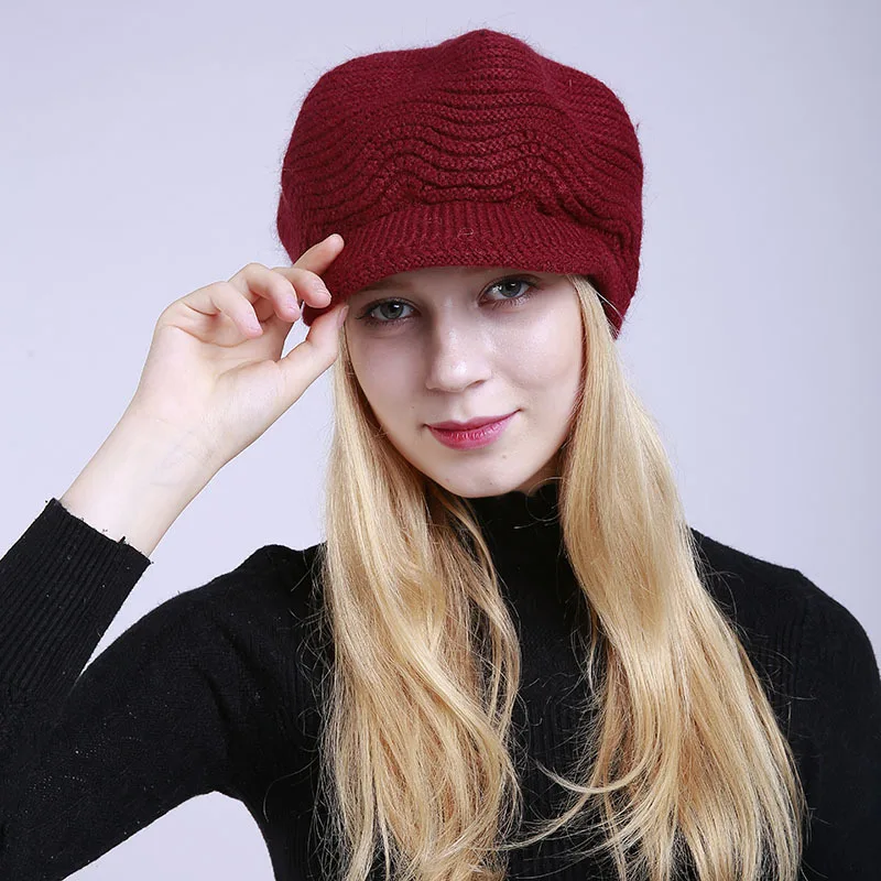 Новая женская Регулируемая зимняя шапка Толстая теплая вязаная шапка для женщин Мягкий кроличий мех шапка осень зима мода твердая шляпа - Цвет: Deep Red