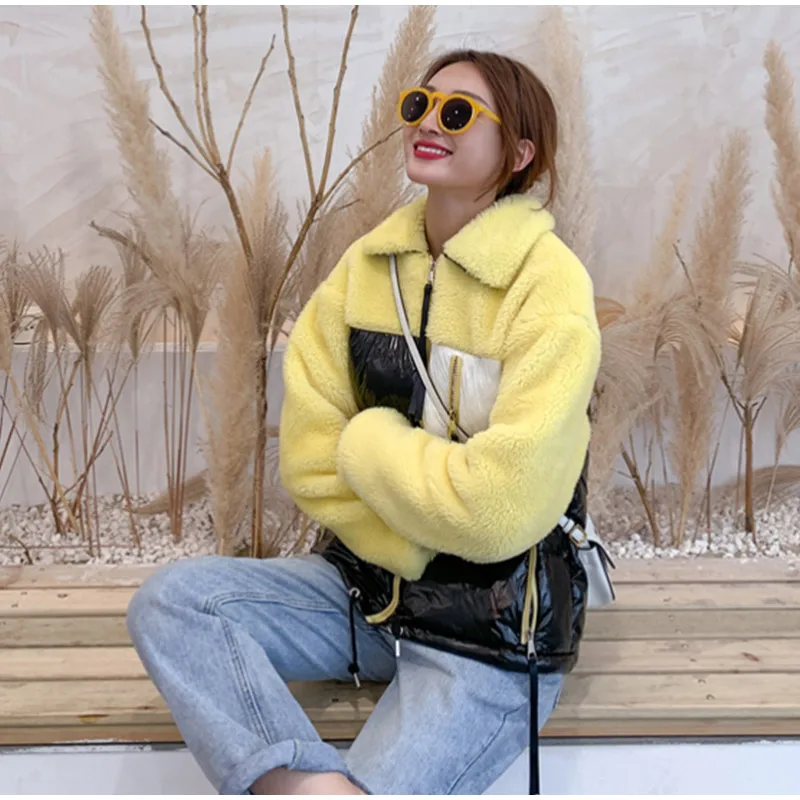 Winter Faux Fur Women's Cotton Coats Patchwork Warm Female Coat Short Plush Long Sleeve Turn-down Collar Ladies Jacket