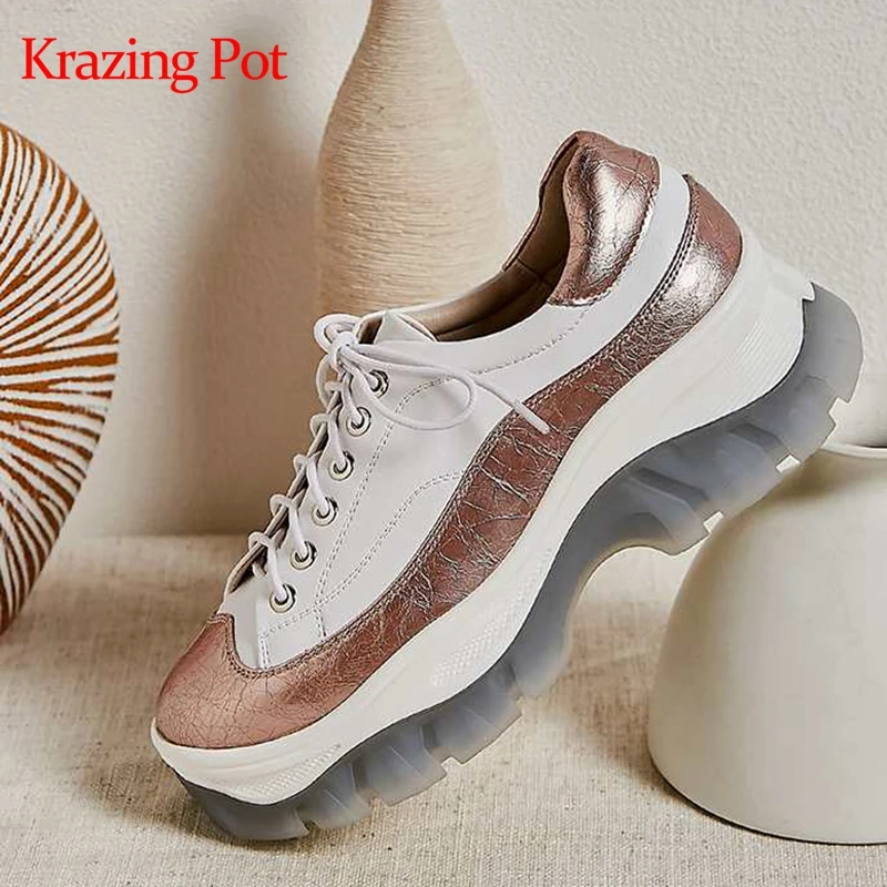 Krazing pot genuine leather platform thick bottom lace up round toe mixed color non-slip casual Autumn vulcanized shoes L10