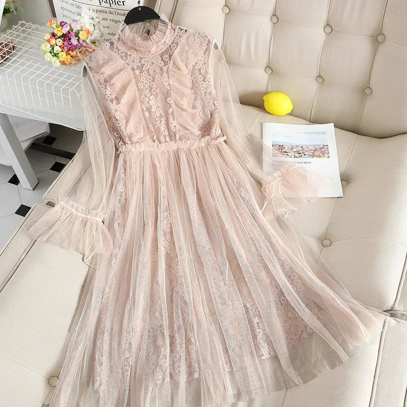 Women Dress Женское осеннее плиссированное платье в клетку с расклешенными рукавами и кружевным цветком винтажное эластичное тонкое Сетчатое газовое платье миди - Цвет: Women Dress