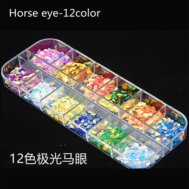 Horse eye-12color 12 шт./кор. бабочка с блестками, блестящие 3d нейл-арта украшения для гелевых ногтей аксессуары Карамельный цвет хлопья тени для век, инструменты для ногтей - Цвет: Horse eye-12color