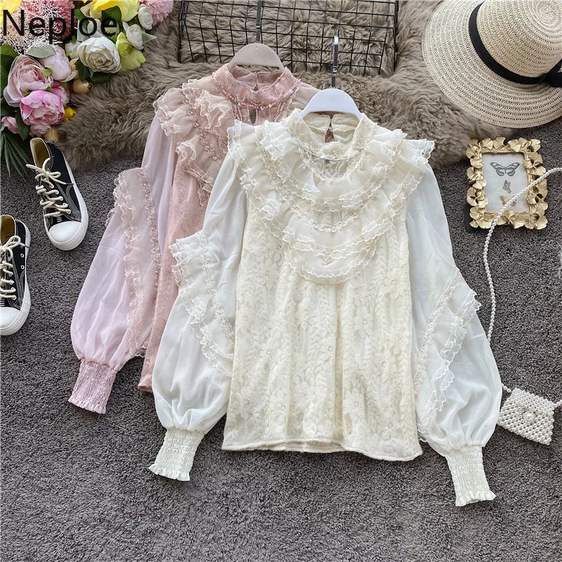 Neploe, винтажная кружевная рубашка, шифон, пэчворк, пуловер, блузка, оборки, бисер, длинный рукав, женский топ, корейский стиль, o-образный вырез, милые блузки 56369