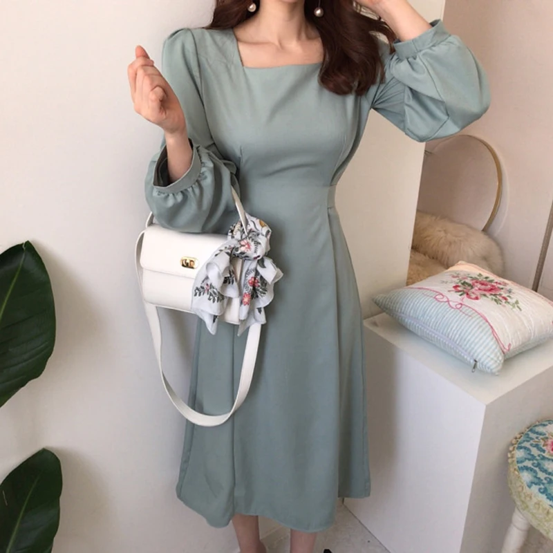 2020 новые женские офисные длинное платье квадратный воротник длинный рукав