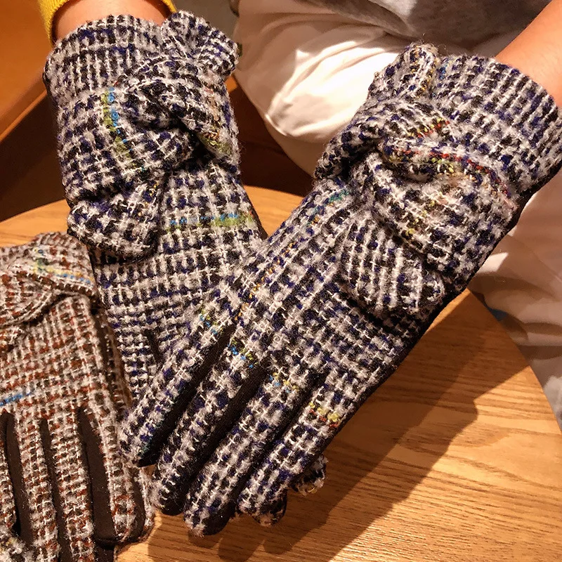 Женские перчатки, зимние, новые, гусиные лапки, цветные, в клетку, шерсть, кашемир, плюш, бархат, толстые, пять пальцев, перчатки, сенсорный экран, элегантные, теплые - Цвет: navy bow