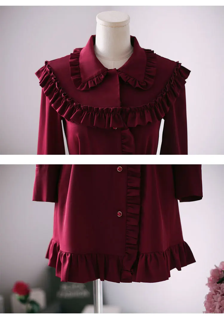 Spring Clothing Frilled Fold-down Collar Single Breasted Slim Fit Long Sleeve Lace-up Dress Bow Fairy Skirt