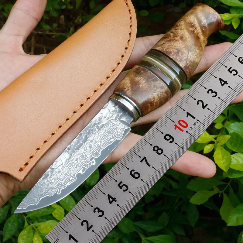 

New Survival Straight Knife Damascus Steel Blade Shadow Wood + Horn Handle Fixed Blade hiking Hunting Knive With Leather Sheath