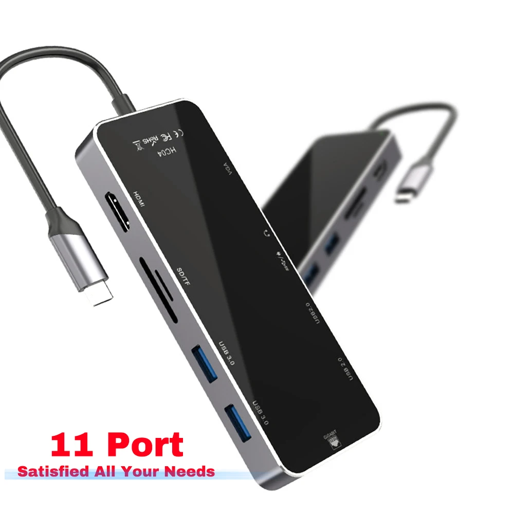 11 IN 1 HUB USB C HUB Type C To HDMI VGA RJ45 Multi Port Docking Station With 3.5mm Headphone Jack PD Charge 11 10 Port USB HUB