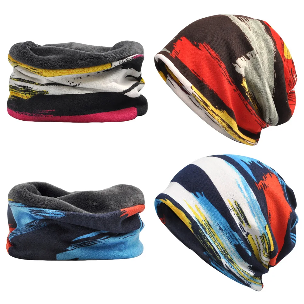 Women Men Beanie Hat Neck Warmer Scarf Unisex Windproof Striped Cap Outdoor Multi-Use Hat