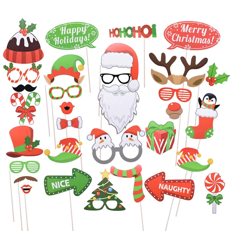 32pcs 17-50 шт DIY Photo Booth Prop рождественские взрослые дети Санта Клаус одеваются смешные маски реквизит Рождество год вечерние реквизиты для фотосессии - Color: 32pcs
