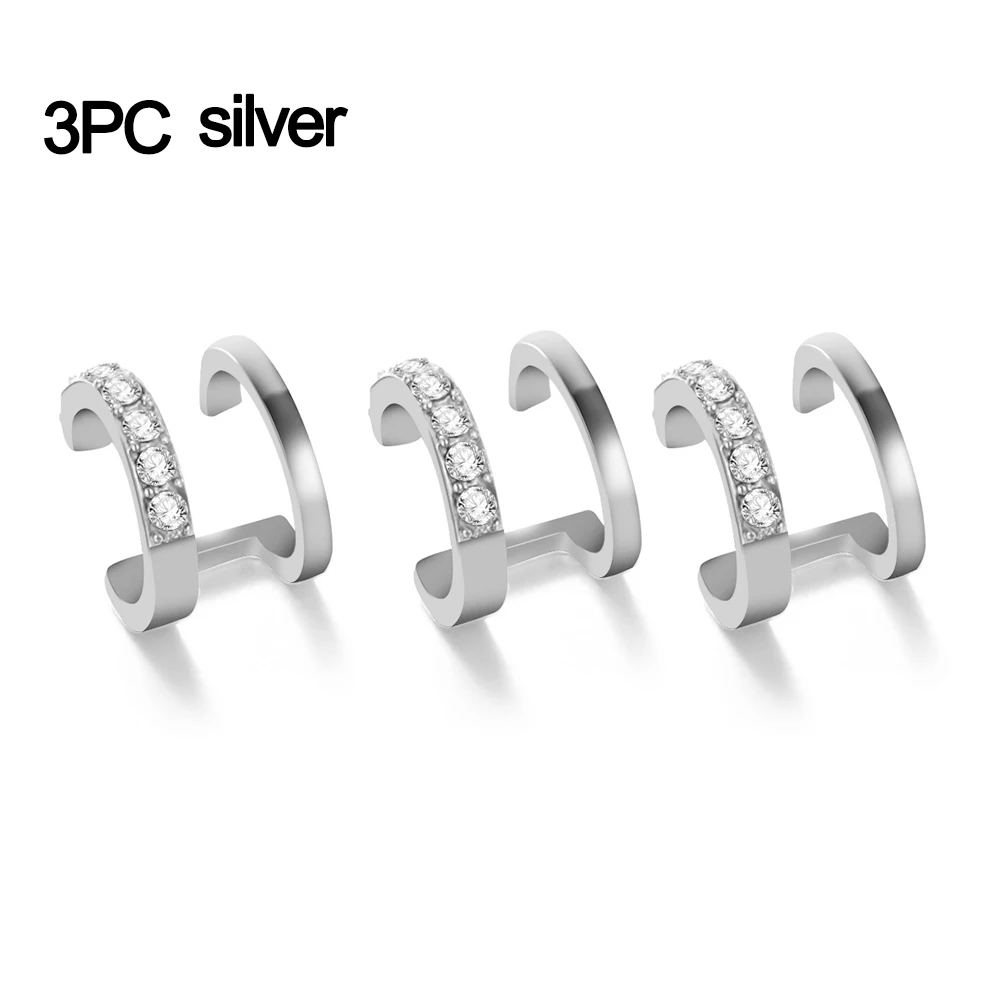 Silver 3Pcs Винтажные панковские хрустальные геометрические клипсы для ушей CZ манжеты накладные серьги не серьга-Имитация-на двойном ремешке запонки для ушей ювелирные изделия из горного хрусталя - Окраска металла: Silver 3Pcs