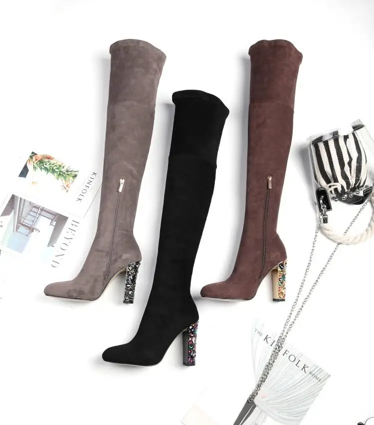 Chaussures femme/черные кожаные женские сапоги выше колена на высоком каблуке с кристаллами, на молнии, с острым носком, с высоким тонким голенищем, зимняя обувь