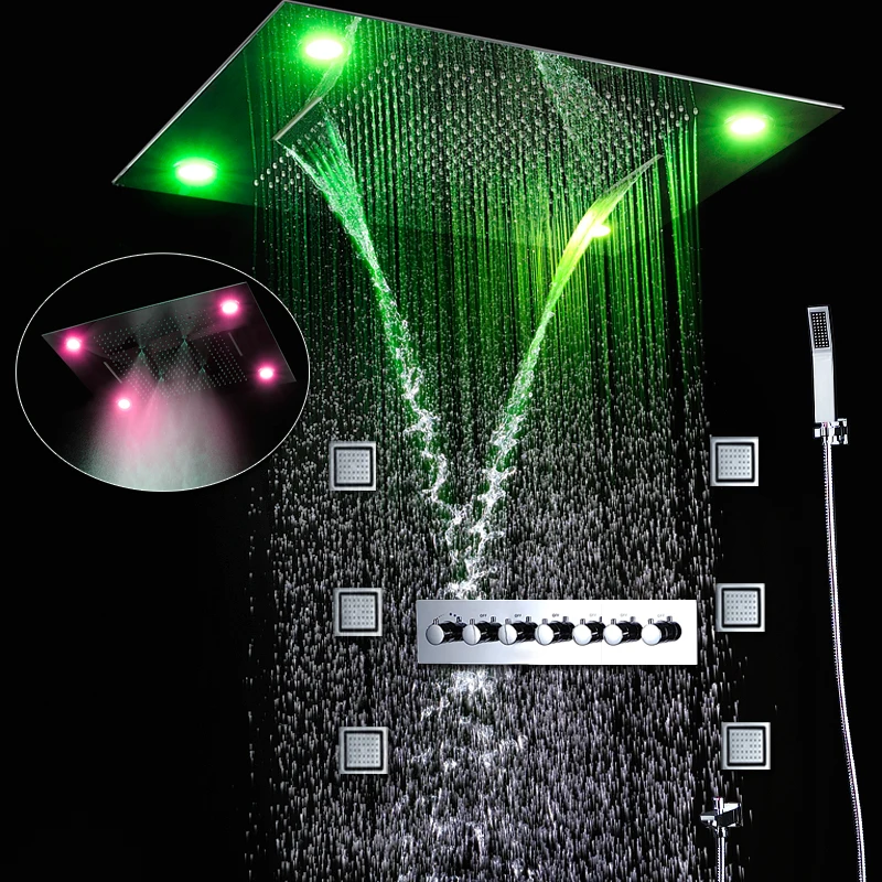 Tanie LED prysznic duży deszcz wodospad wielofunkcyjny Panel prysznicowy zestaw termostatyczny wysoki przepływ zawór przełączający