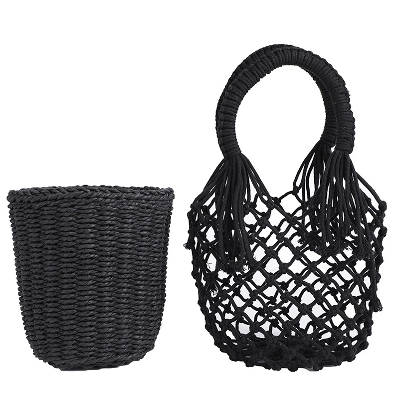 

ABZC-Women Handbags Mesh Rope Net Bags Ins Chic Summer Beach Bags Hollow Out Basket Composite Bag Leisure Bag For Girls