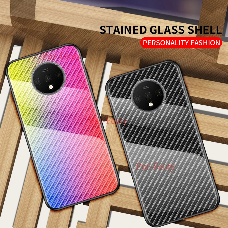Чехол для Oneplus7T, 6,55 дюймов, чехол из закаленного стекла из углеродного волокна для Oneplus One Plus 1+ 7 T, чехол с градиентом, витражный чехол для телефона