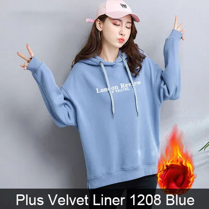 Winter 1208 Blue Толстовки и кофты Пуловеры Для женщин Осень и Зима капюшоном бархатным лайнером Толстовка средней длины Спортивная одежда1 - Цвет: Winter 1208 Blue