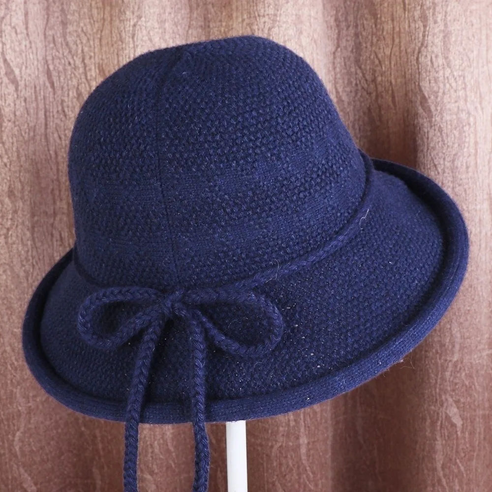 Women's Outdoor Wool Knitted Hat Crochet Warm Winter Cap - Цвет: Navy blue