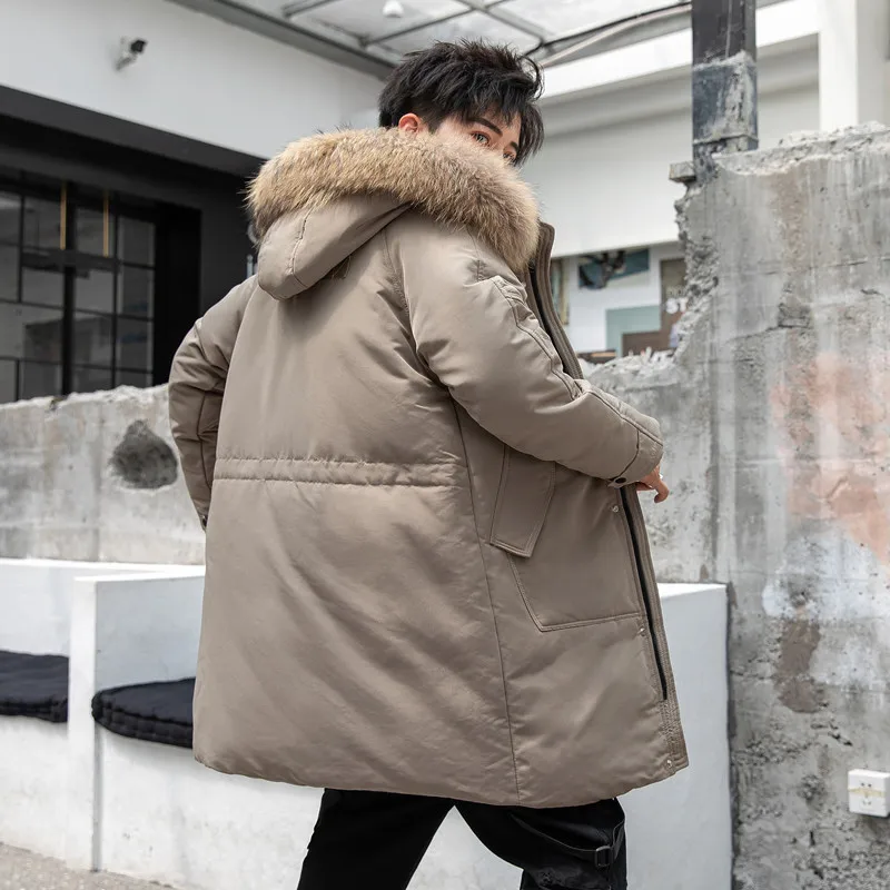 Winter Thick Warm Coat Casual Fur Collar Hooded Trench Coat High-End Mid-length down Jacket Men'S Wear