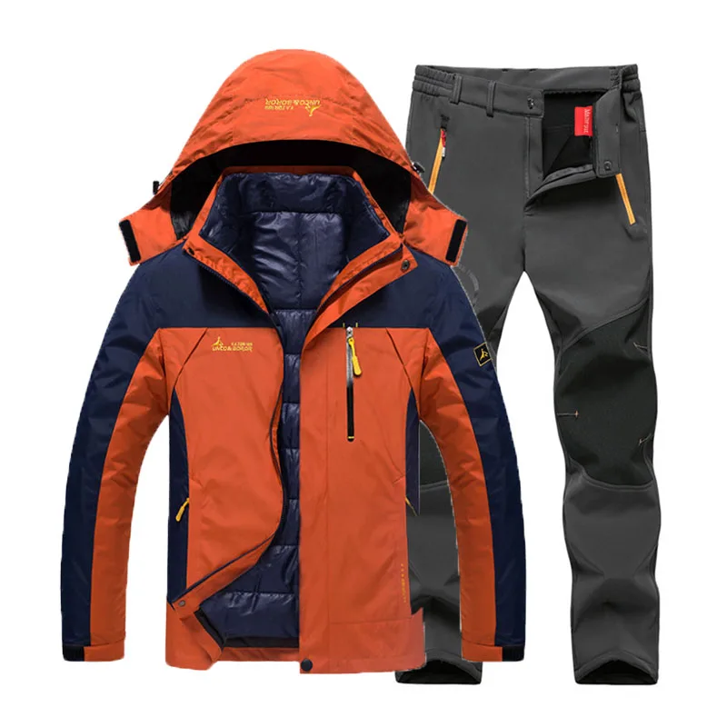 Orange Gray set Мужские зимние водонепроницаемые рыболовные термо брюки размера плюс походные лыжные альпинистские куртки 3 в 1 комплект 6XL костюм - Цвет: Orange Gray set