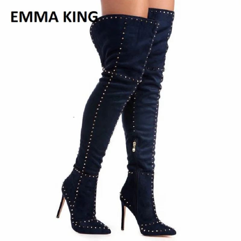 EMMA KING/2019 г. Темно синие женские сапоги с заклепками украшенные Сапоги выше колена