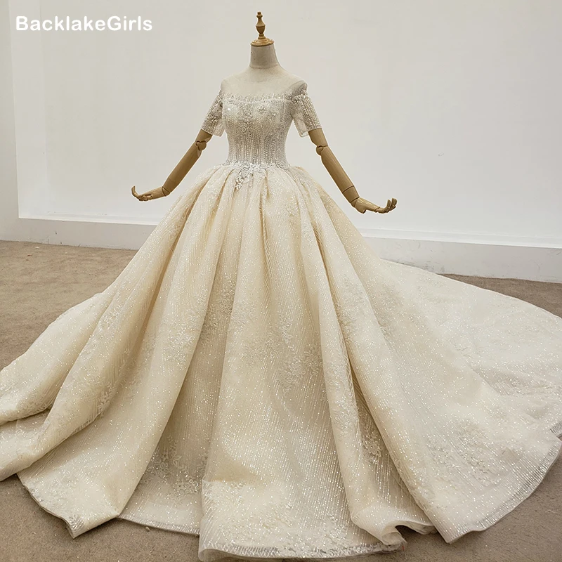 BacklakeGirls Transparent Wedding Dress Short Sleeves Dresses For Women With Beading Sequins Shiny Bride فساتين | Свадьбы и