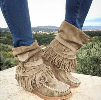 

Rome Style Women's Ethnic Ankle Boots Winter Suede Tassel Short Boot Girls Fashion Low Heel Flat Cozy Shoes Fringe Pleated Botas