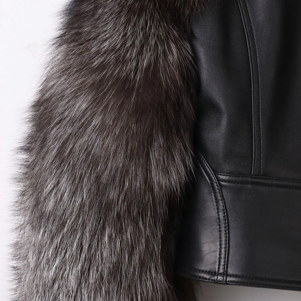 YOLOAgain women stand collar short genunie leather jacket ladies silver fox fur sleeve real leather jacket