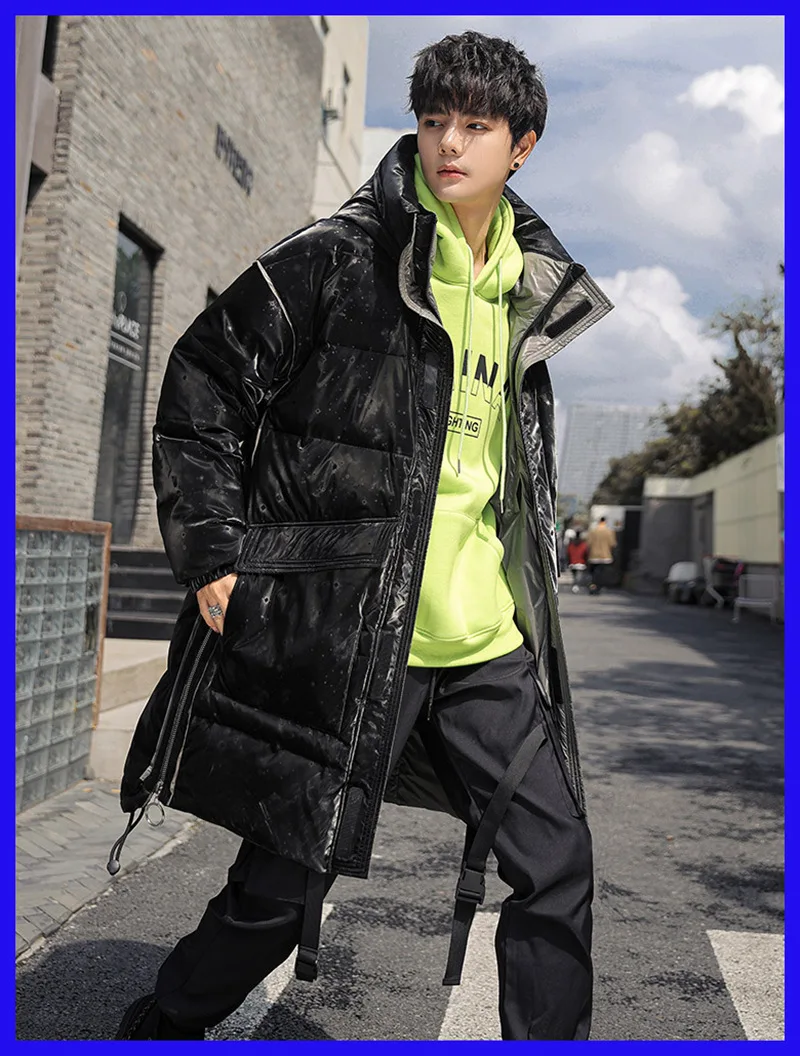 

New Youth Handsome Glossy Trendy Down Jacket Mens Long Type Thickened Parka Coat 90%White Duck Down Clothes