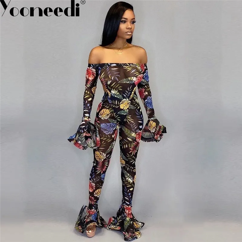 Yooneedi, Новое поступление, модный дизайн, сексуальный женский комбинезон, цветной принт, вырез лодочкой, полный рукав, женские комбинезоны SN36813 - Цвет: Черный