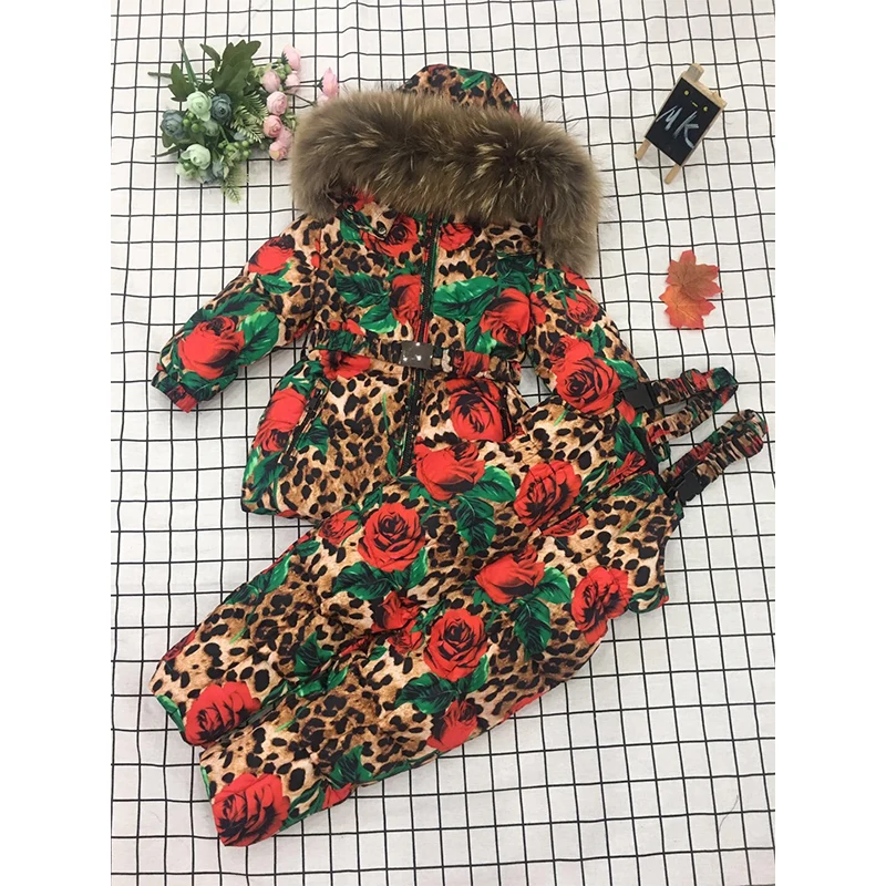 Зимний Детский костюм пуховая куртка пуховик из двух предметов для мальчиков и девочек Зимний лыжный костюм на лямках-30 утолщенный пуховик