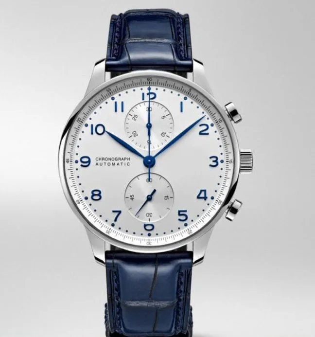 

Luxury Brand New Chronograph Men Watch Stopwatch Sapphire Watches Silver Blue Leather Sport Limited White Dial Watch AAA+