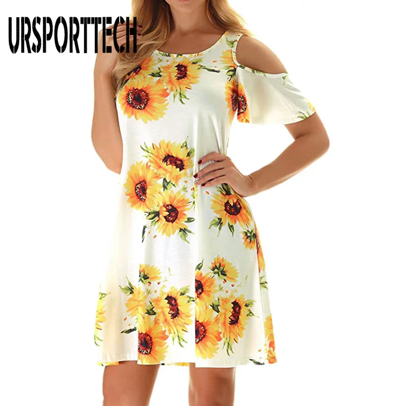 

URSPORTTECH Women Dresses Summer 2020 Sexy O Neck Floral Print Boho Beach Dress Short Sleeve A Line Elegant Mini Dress Sundress