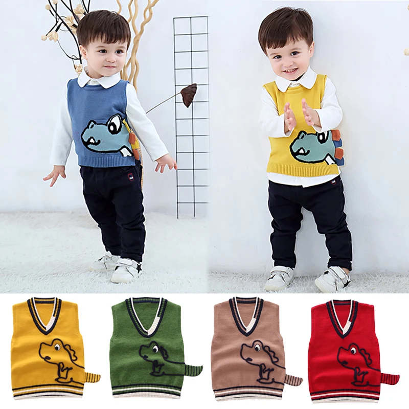 Жилет детский вязаный без рукавов с рисунком динозавра | Детская одежда и обувь