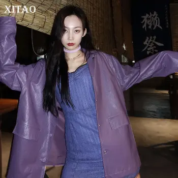 

XITAO 2020 Spring New Handsome Women Leather Jacket Fashion Purple Motorcycle Leather Coat Plus Size Trend Wild Top DMY3567