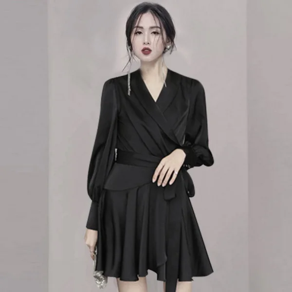 Женское мини-платье с рукавом-фонариком, подиум, Осень-зима, красное вино, галстук, бант, сексуальное платье с v-образным вырезом, винтажные вечерние платья - Цвет: Черный