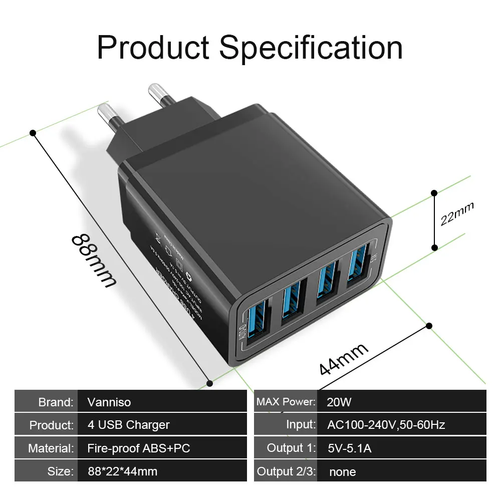 Зарядное устройство Vanniso 4 USB для iPhone X 8 samsung A50 Xiaomi mi9 One Plus планшет адаптер быстрой зарядки США ЕС Великобритания зарядное устройство для мобильного телефона